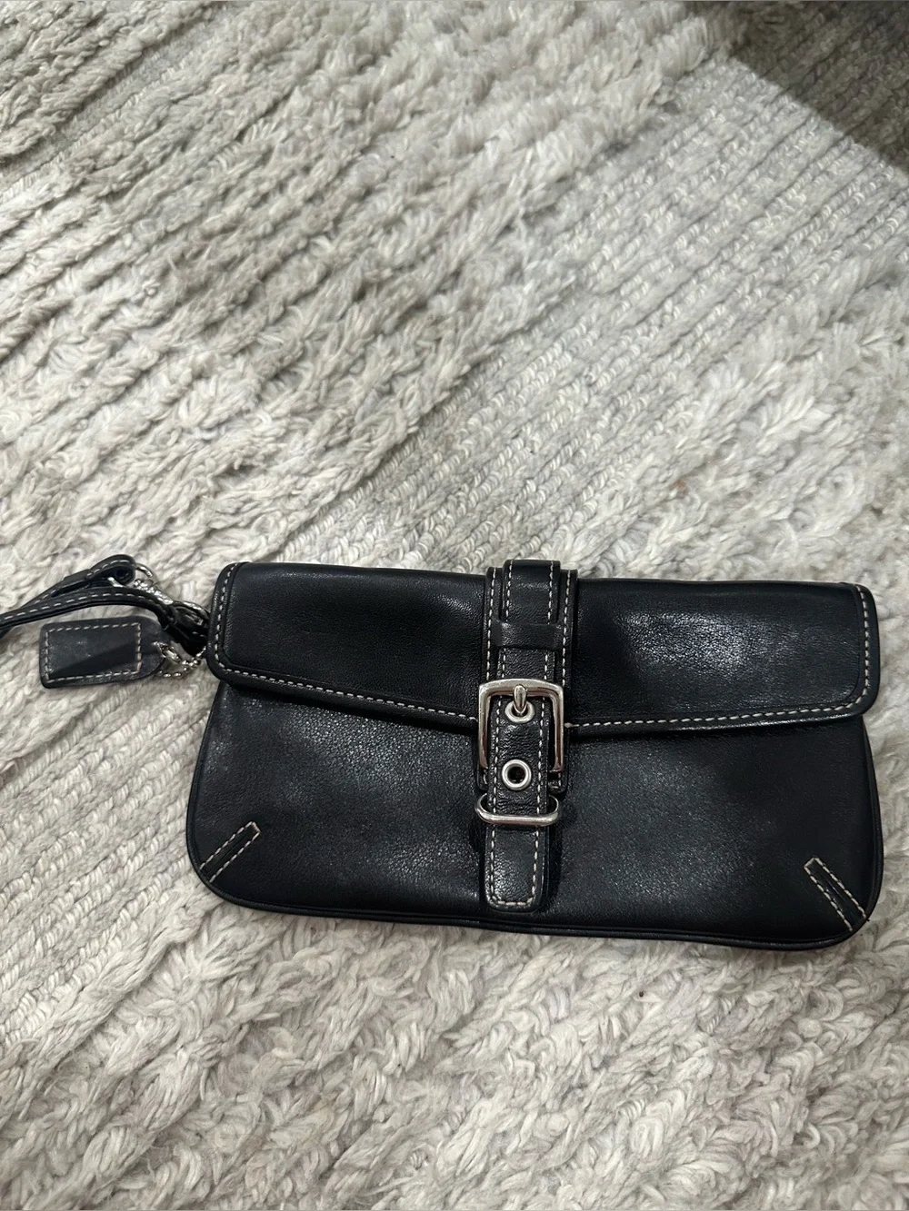 Coach Black Leather Mini Wristlet with Silver Buckle